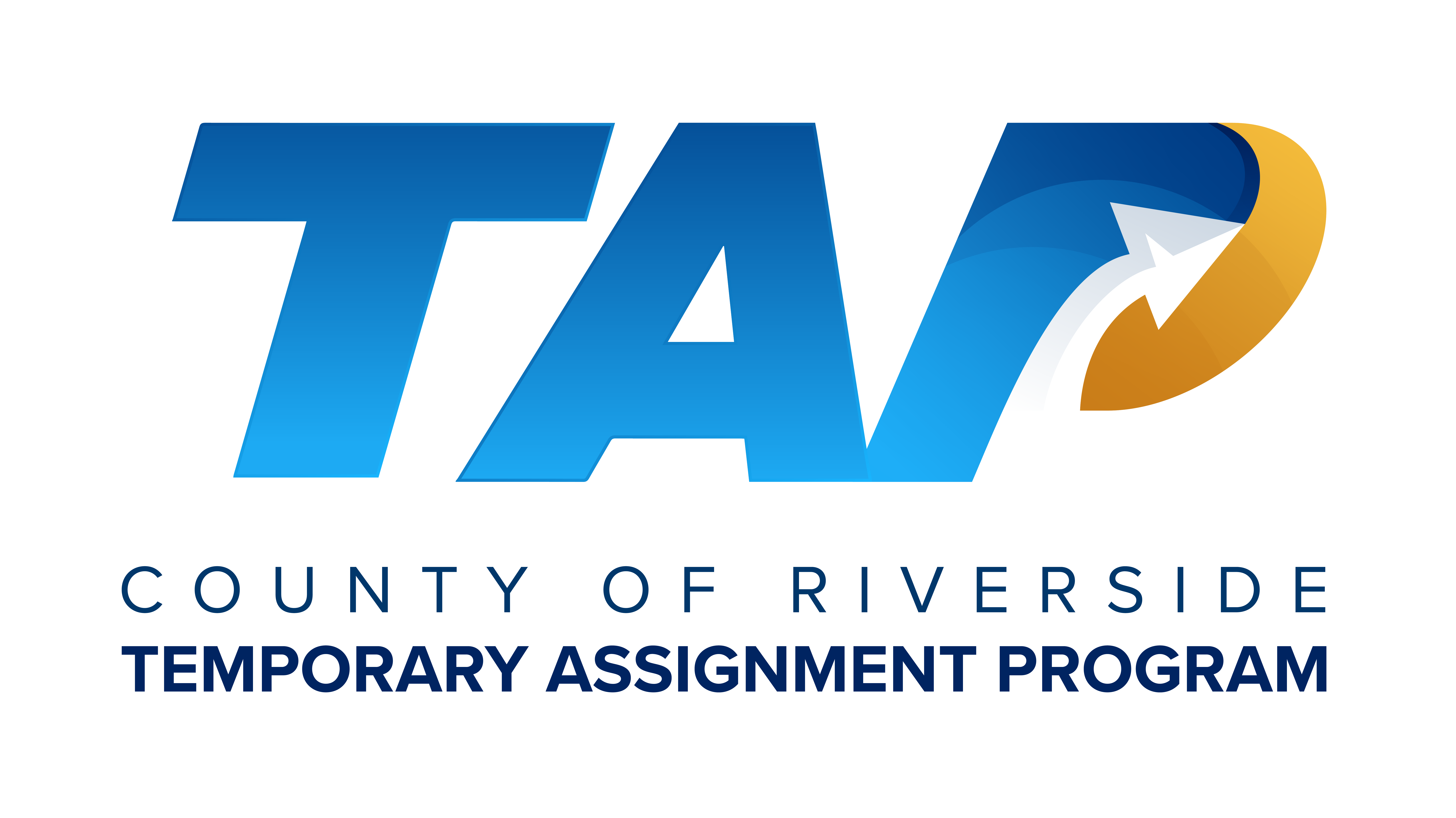 Logo for the County of Riverside's Temporary Assignment Program (TAP) featuring blue and gold colors with an arrow design.